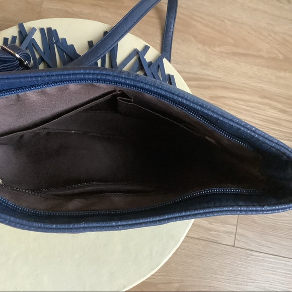 Navy Blue Faux Leather Fringe Cross Body Purse - Picture 5 of 5